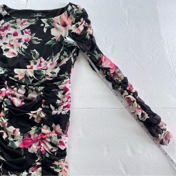 Lulus Ayana‎ Black Pink Floral Ruched Mesh Bodycon Dress SMALL - Picture 11 of 14